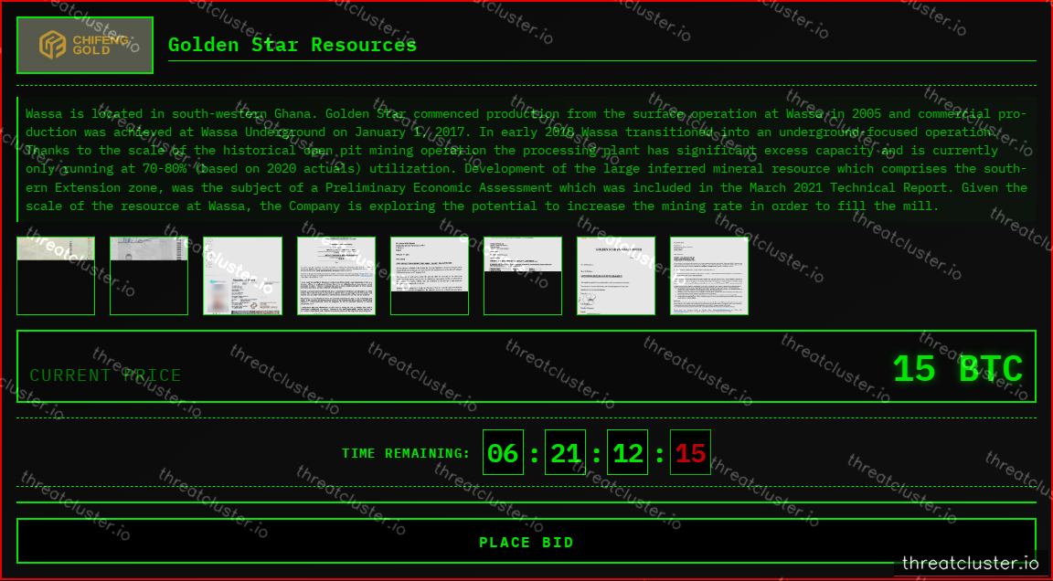 Leak-site post naming Golden Star Resources, captured by ThreatCluster