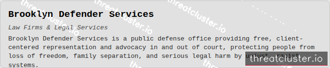 Leak-site post naming Brooklyn Defender Services, captured by ThreatCluster