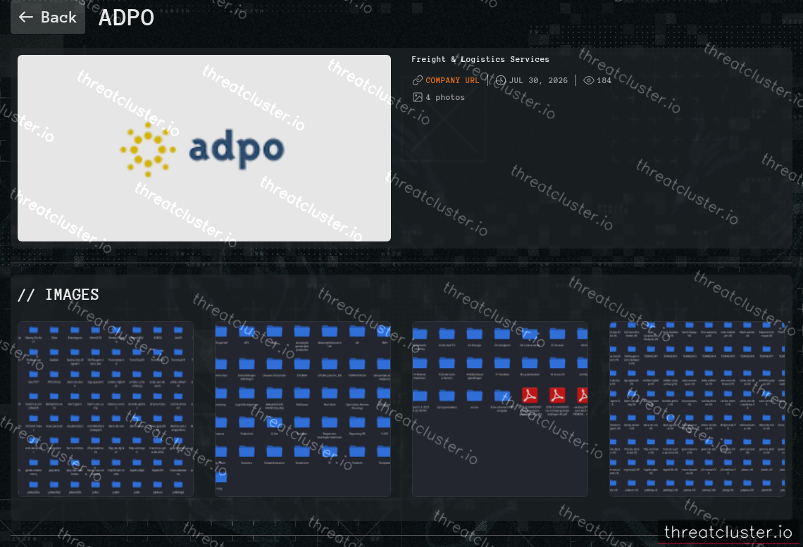 Leak-site post naming Adpo, captured by ThreatCluster