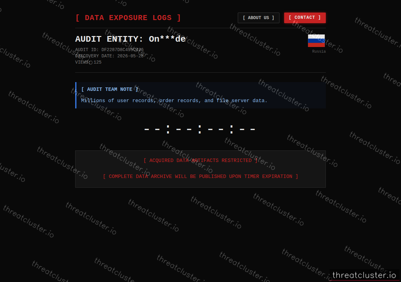 Leak-site post naming On***de, captured by ThreatCluster