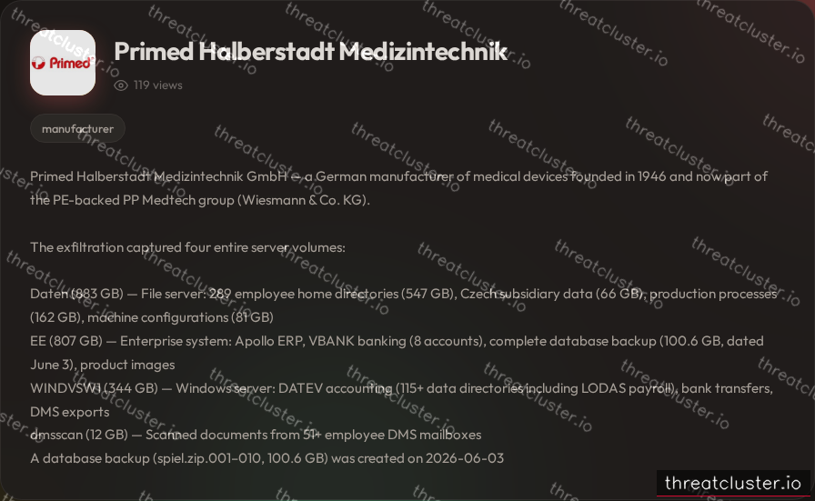 Leak-site post naming Primed Halberstadt Medizintechnik, captured by ThreatCluster