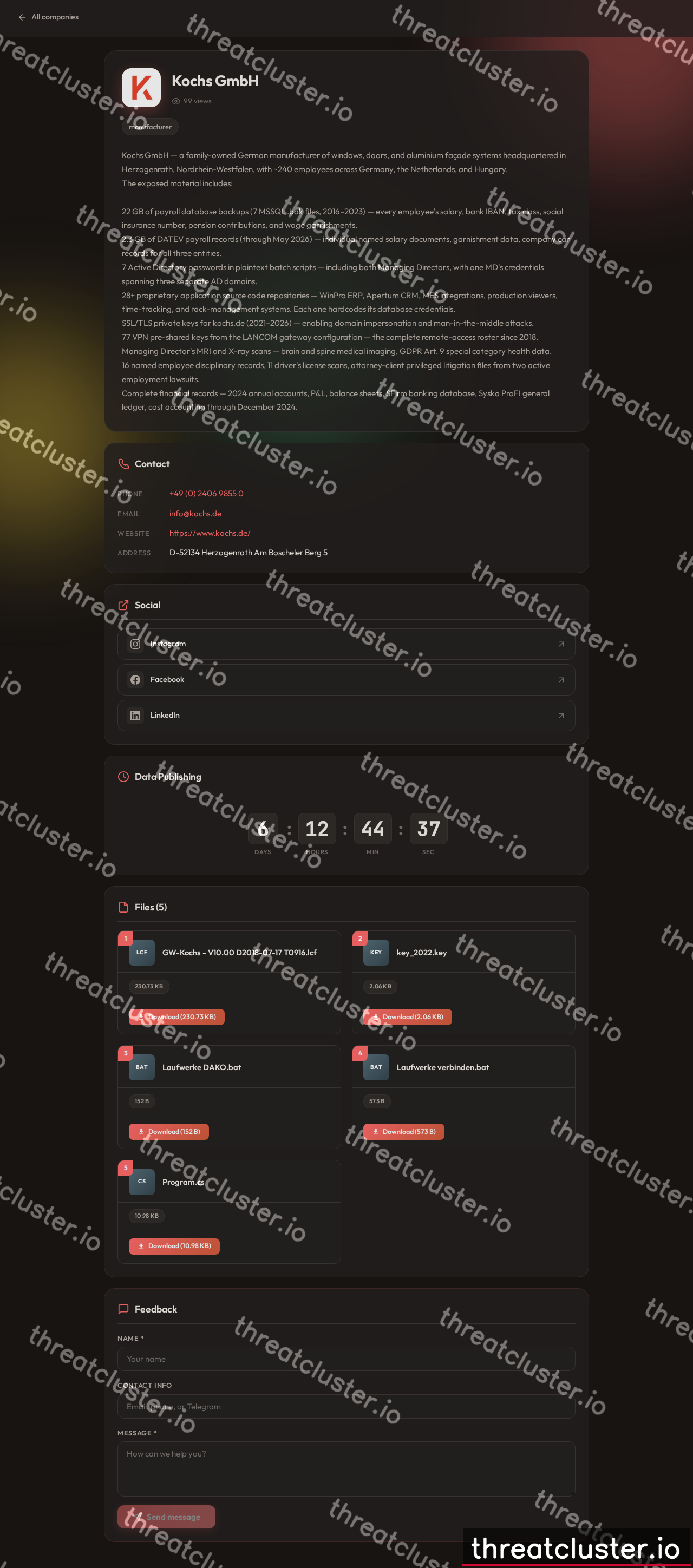 Leak-site post naming Kochs GmbH, captured by ThreatCluster