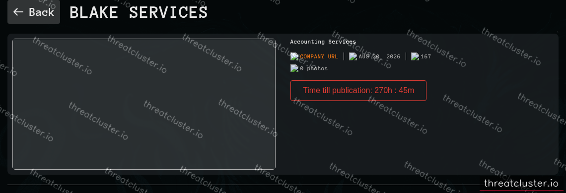 Leak-site post naming Blake Services, captured by ThreatCluster
