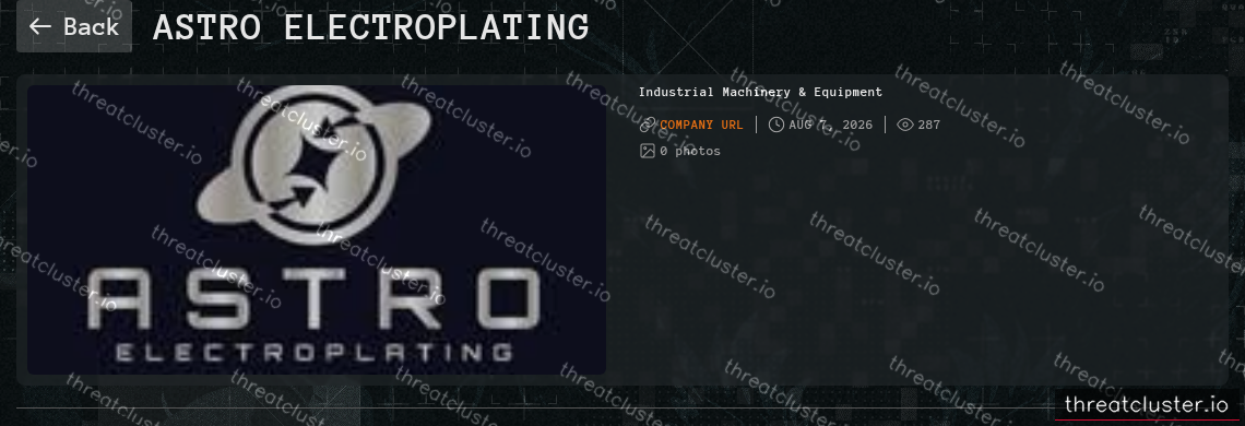 Leak-site post naming Astro Electroplating, captured by ThreatCluster