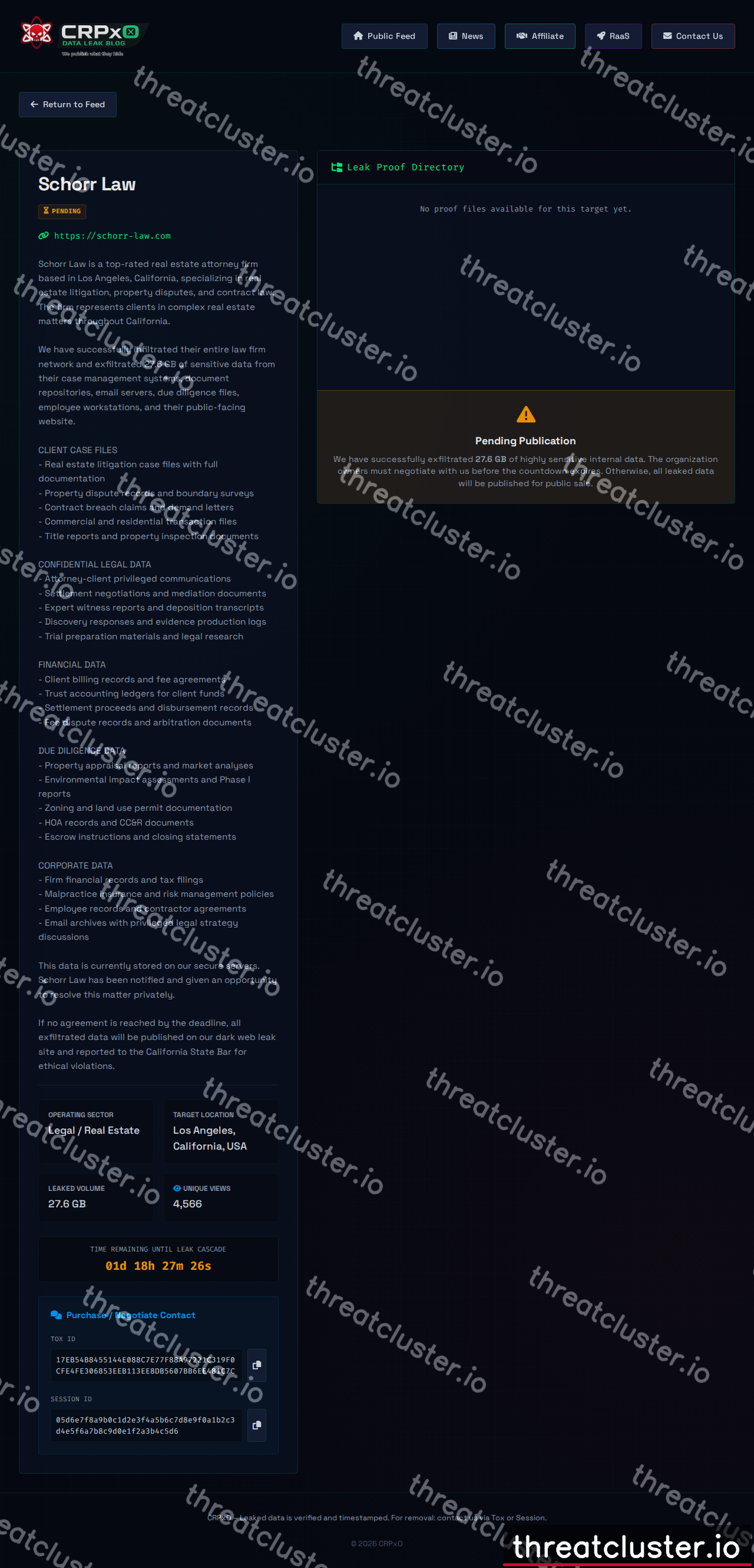 Leak-site post naming Schorr Law, captured by ThreatCluster