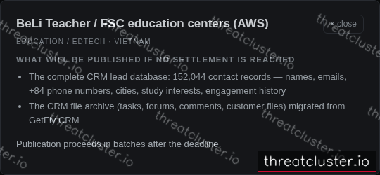 Leak-site post naming BeLi Teacher / FSC education centers (AWS), captured by ThreatCluster