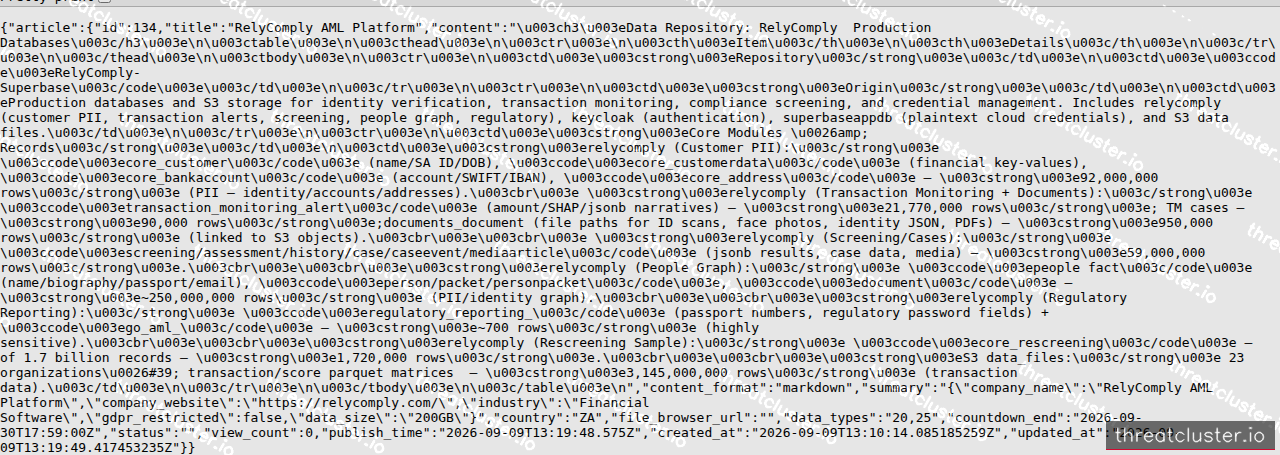 Leak-site post naming RelyComply AML Platform, captured by ThreatCluster