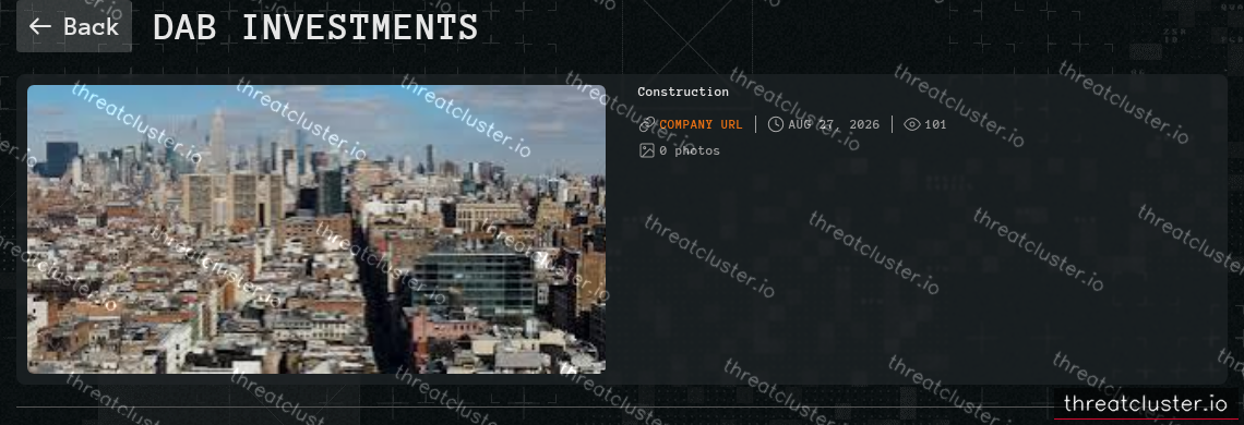 Leak-site post naming DAB Investments, captured by ThreatCluster