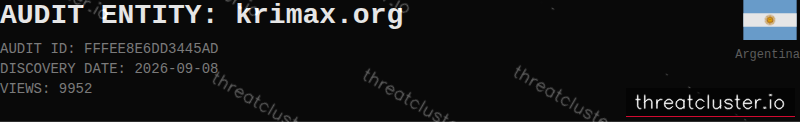 Leak-site post naming krimax.org, captured by ThreatCluster