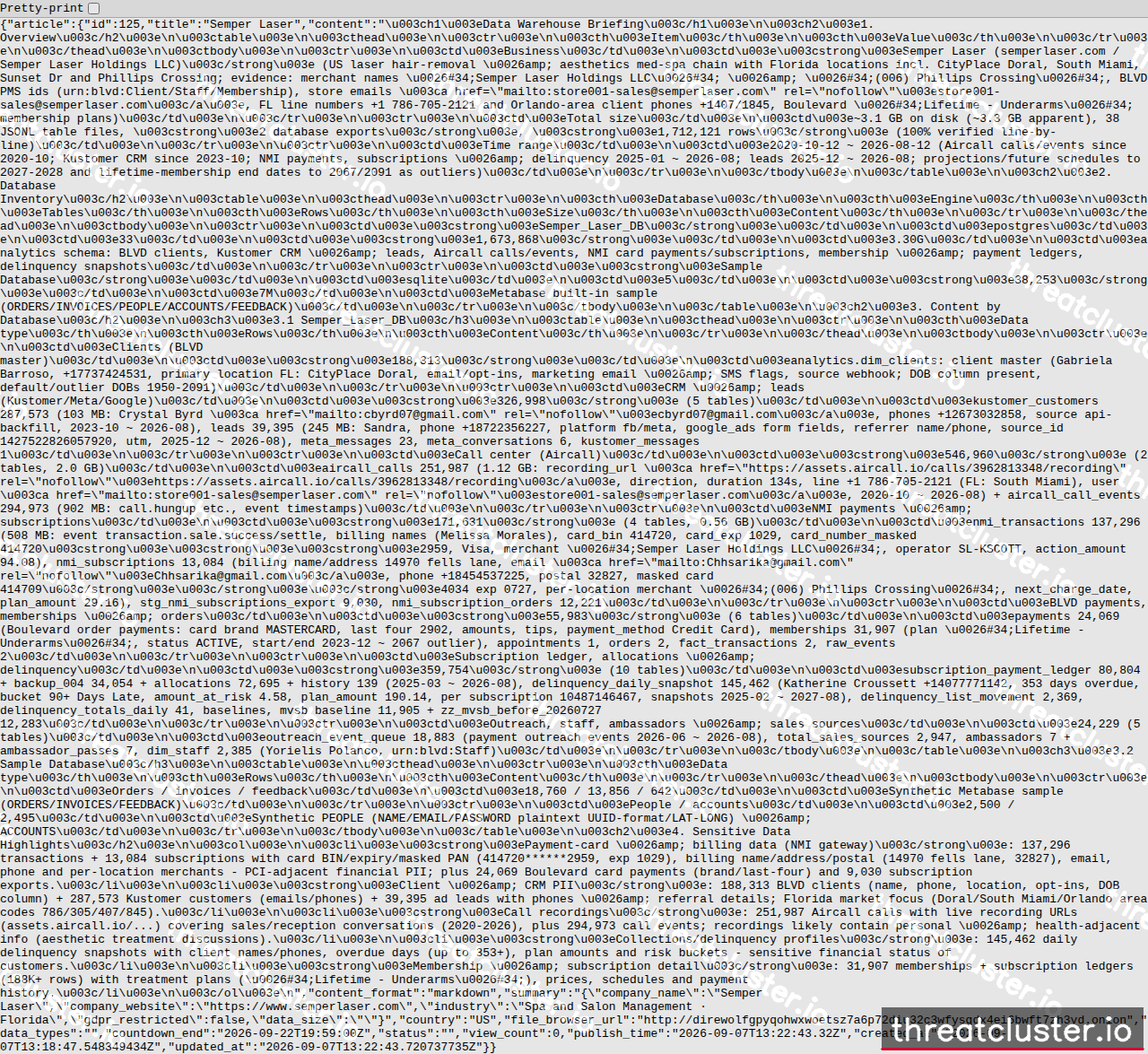 Leak-site post naming Semper Laser, captured by ThreatCluster