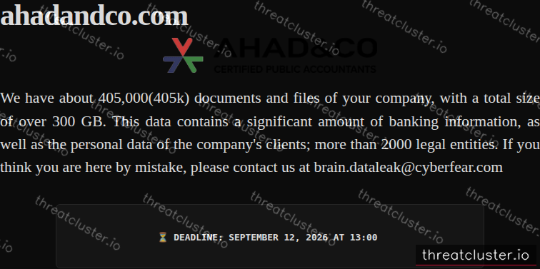 Leak-site post naming ahadandco.com, captured by ThreatCluster