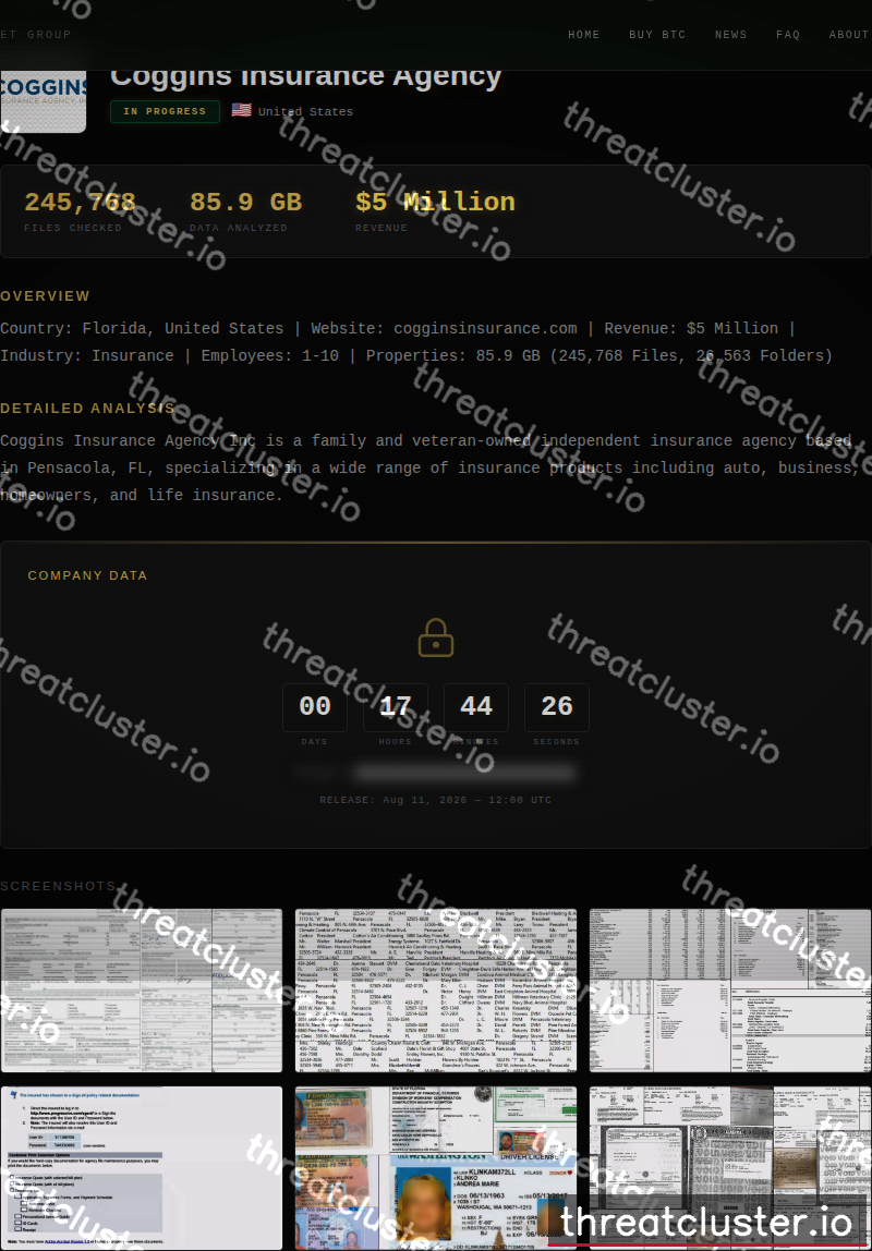 Leak-site post naming Coggins Insurance Agency, captured by ThreatCluster