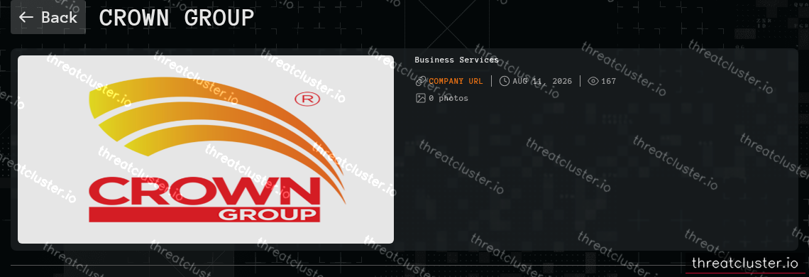 Leak-site post naming Crown Group, captured by ThreatCluster