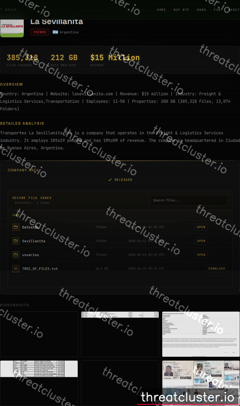Leak-site post naming La Sevillanita, captured by ThreatCluster