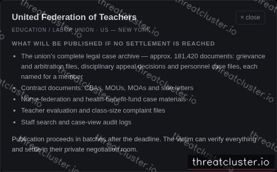 Leak-site post naming United Federation of Teachers, captured by ThreatCluster