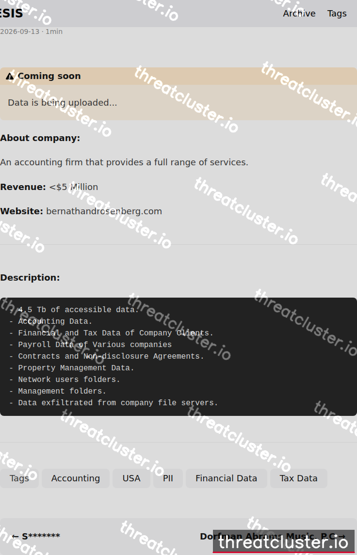 Leak-site post naming Bernath & Rosenberg, captured by ThreatCluster