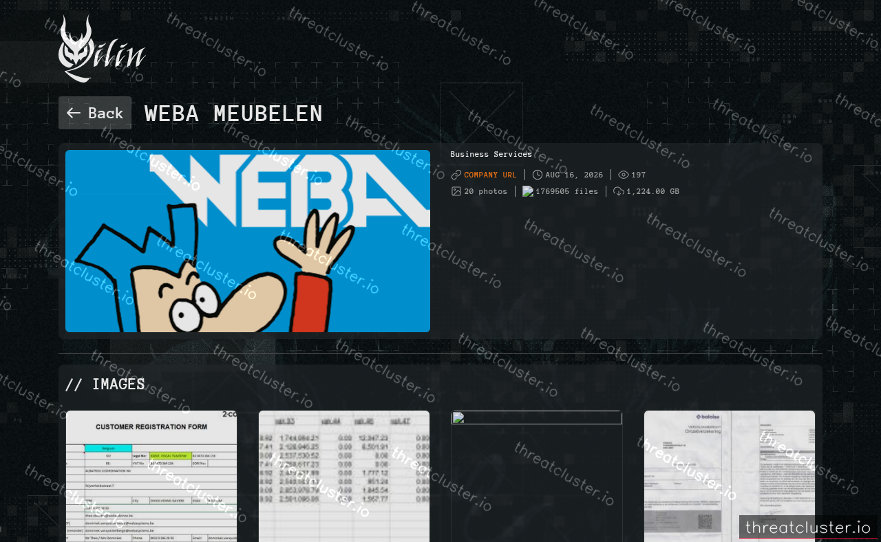 Leak-site post naming WEBA Meubelen, captured by ThreatCluster