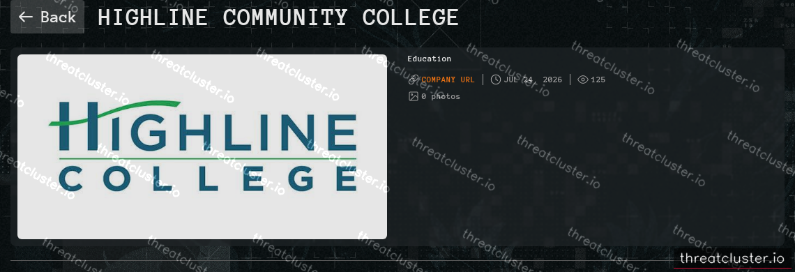 Leak-site post naming Highline Community College, captured by ThreatCluster