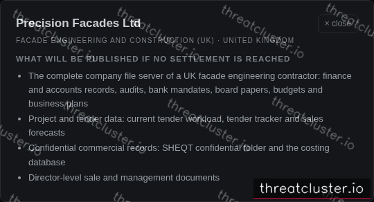 Leak-site post naming Precision Facades Ltd, captured by ThreatCluster