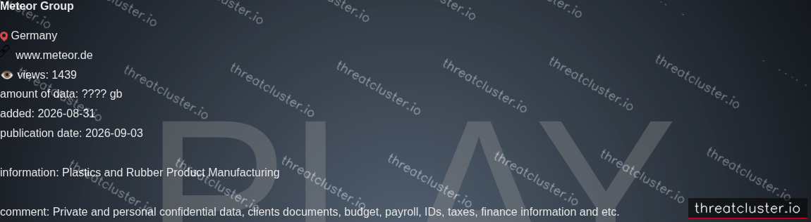 Leak-site post naming Meteor Group, captured by ThreatCluster