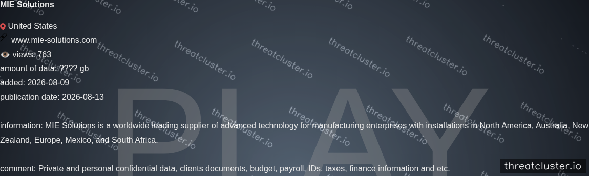 Leak-site post naming MIE Solutions, captured by ThreatCluster