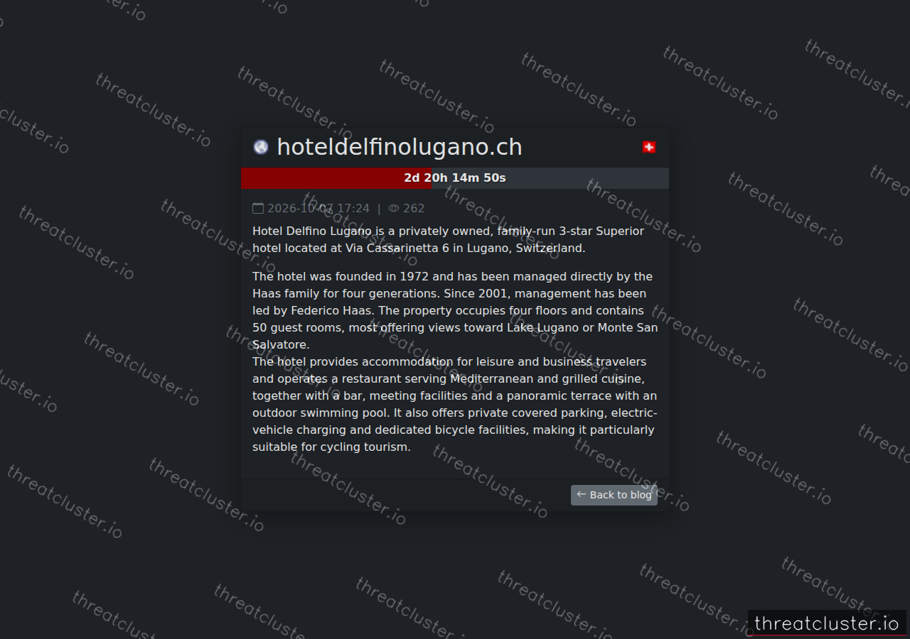 Leak-site post naming hoteldelfinolugano.ch, captured by ThreatCluster