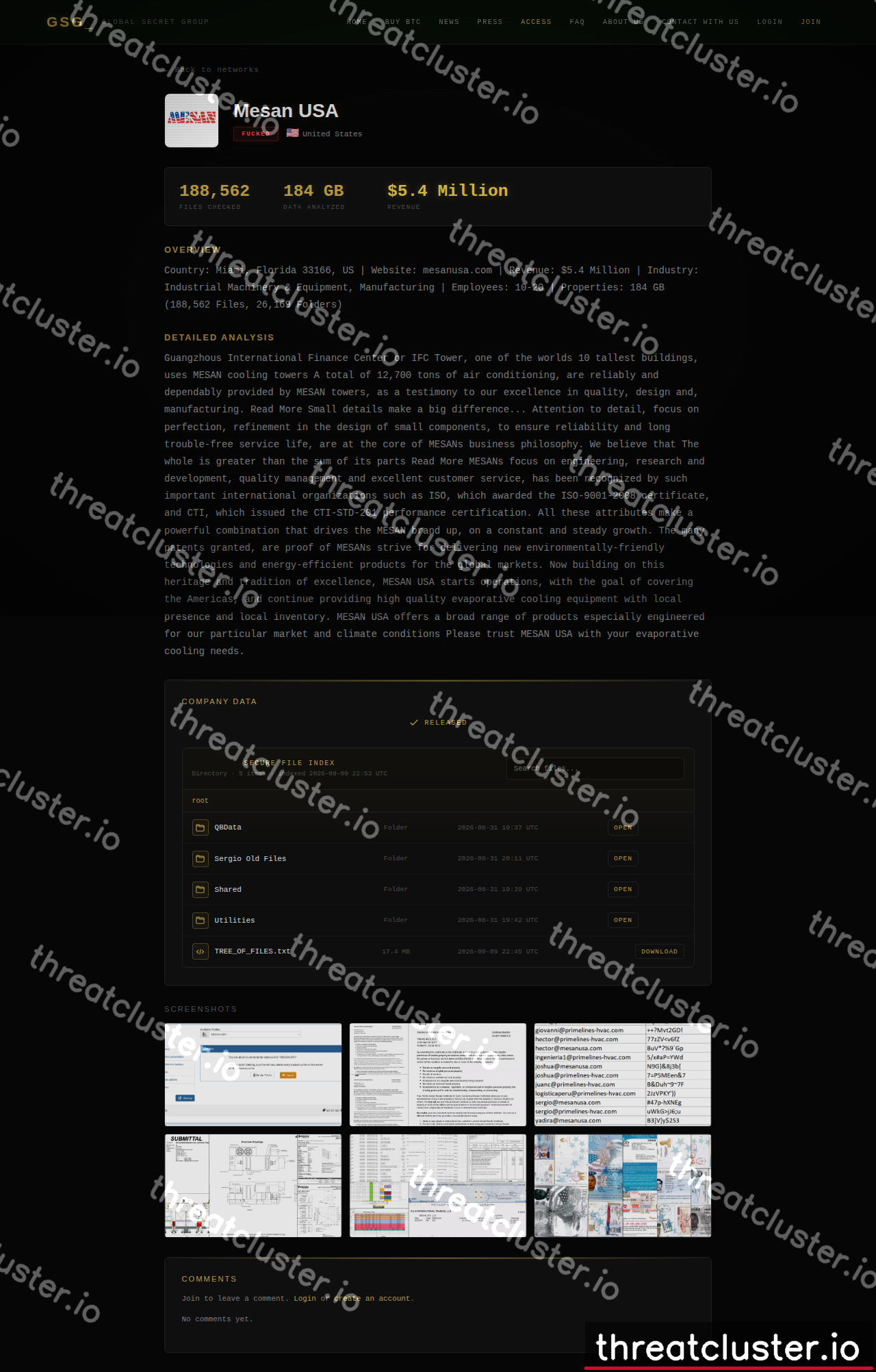 Leak-site post naming Mesan USA, captured by ThreatCluster