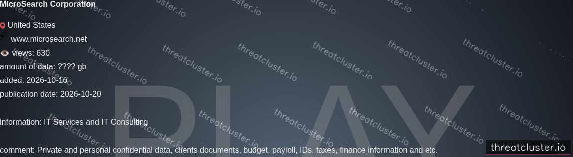Leak-site post naming MicroSearch Corporation, captured by ThreatCluster