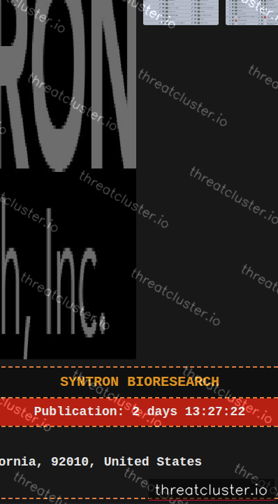 Leak-site post naming Syntron Bioresearch, captured by ThreatCluster