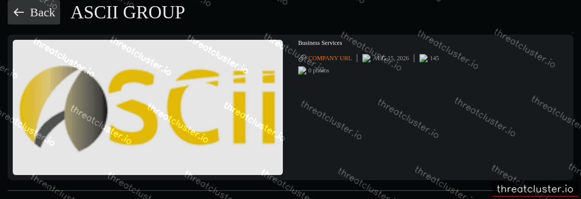Leak-site post naming ASCII Group, captured by ThreatCluster