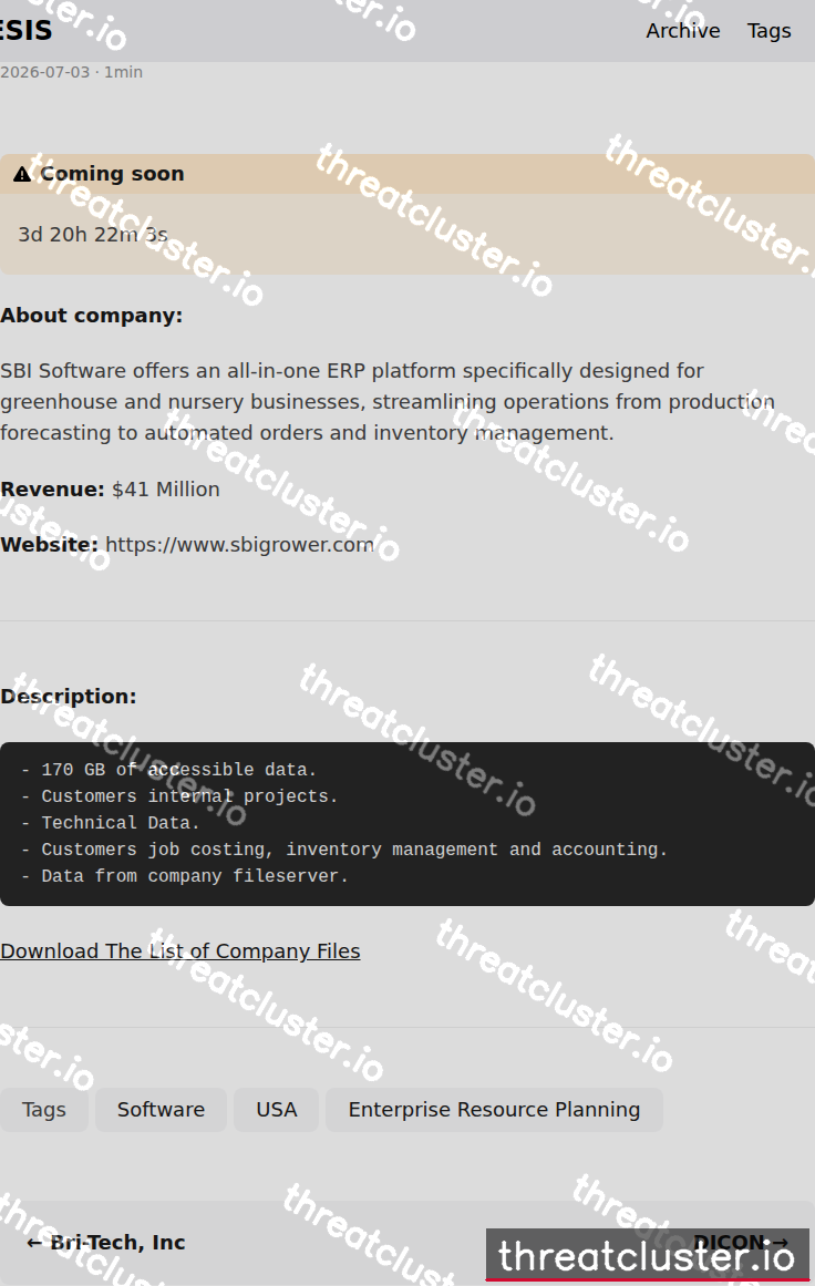 Leak-site post naming SBI Software, captured by ThreatCluster