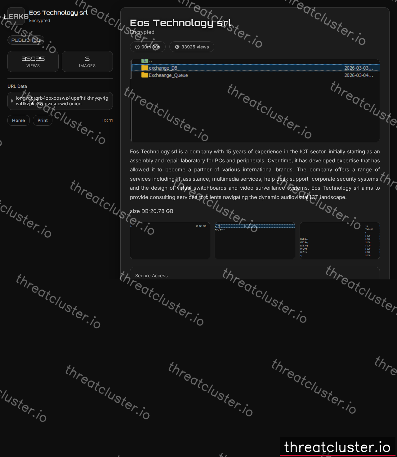 Leak-site post naming Eos Technology srl, captured by ThreatCluster