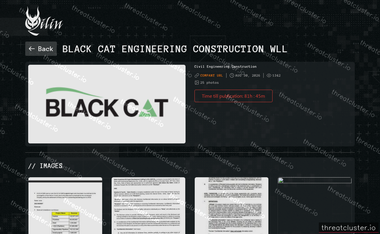 Leak-site post naming Black Cat Engineering Construction Wll, captured by ThreatCluster