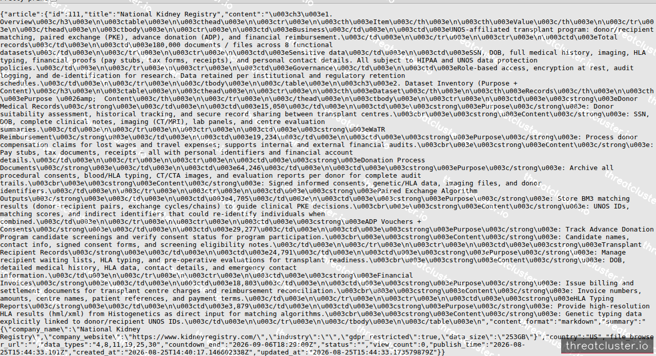 Leak-site post naming National Kidney Registry, captured by ThreatCluster