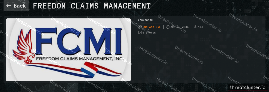 Leak-site post naming Freedom Claims Management, captured by ThreatCluster