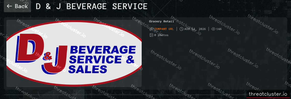 Leak-site post naming D & J Beverage Service, captured by ThreatCluster