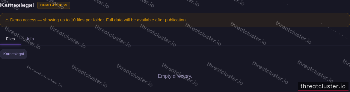 Leak-site post naming Karneslegal, captured by ThreatCluster