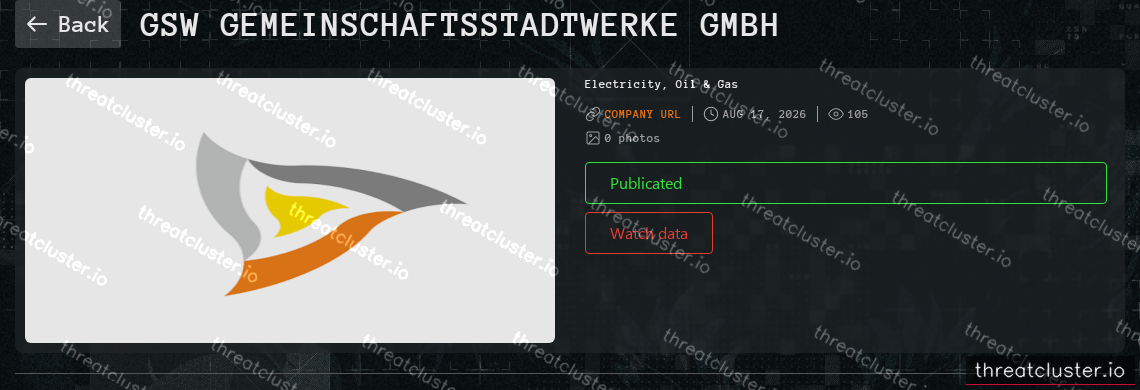 Leak-site post naming GSW Gemeinschaftsstadtwerke GmbH, captured by ThreatCluster
