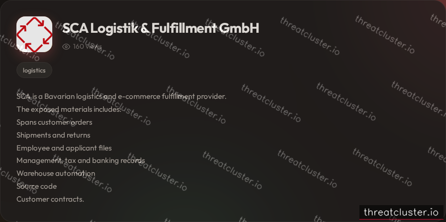 Leak-site post naming SCA Logistik & Fulfillment GmbH, captured by ThreatCluster