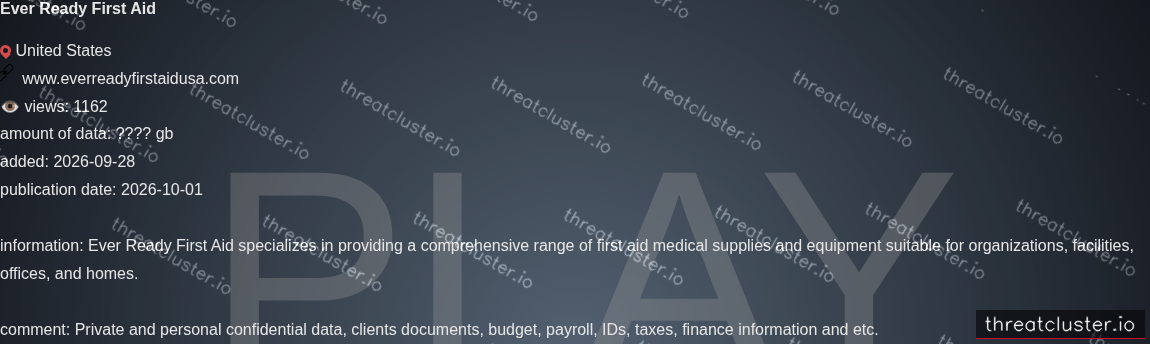 Leak-site post naming Ever Ready First Aid, captured by ThreatCluster