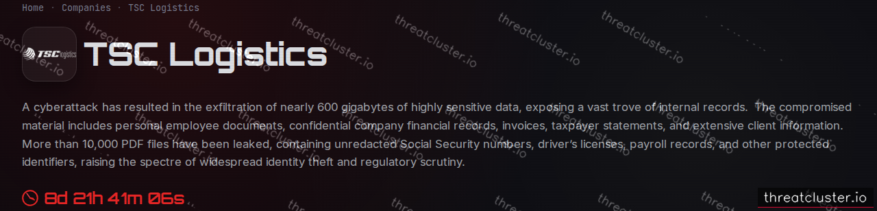 Leak-site post naming TSC Logistics, captured by ThreatCluster