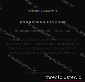 Leak-site post naming Annapurna Fashion, captured by ThreatCluster