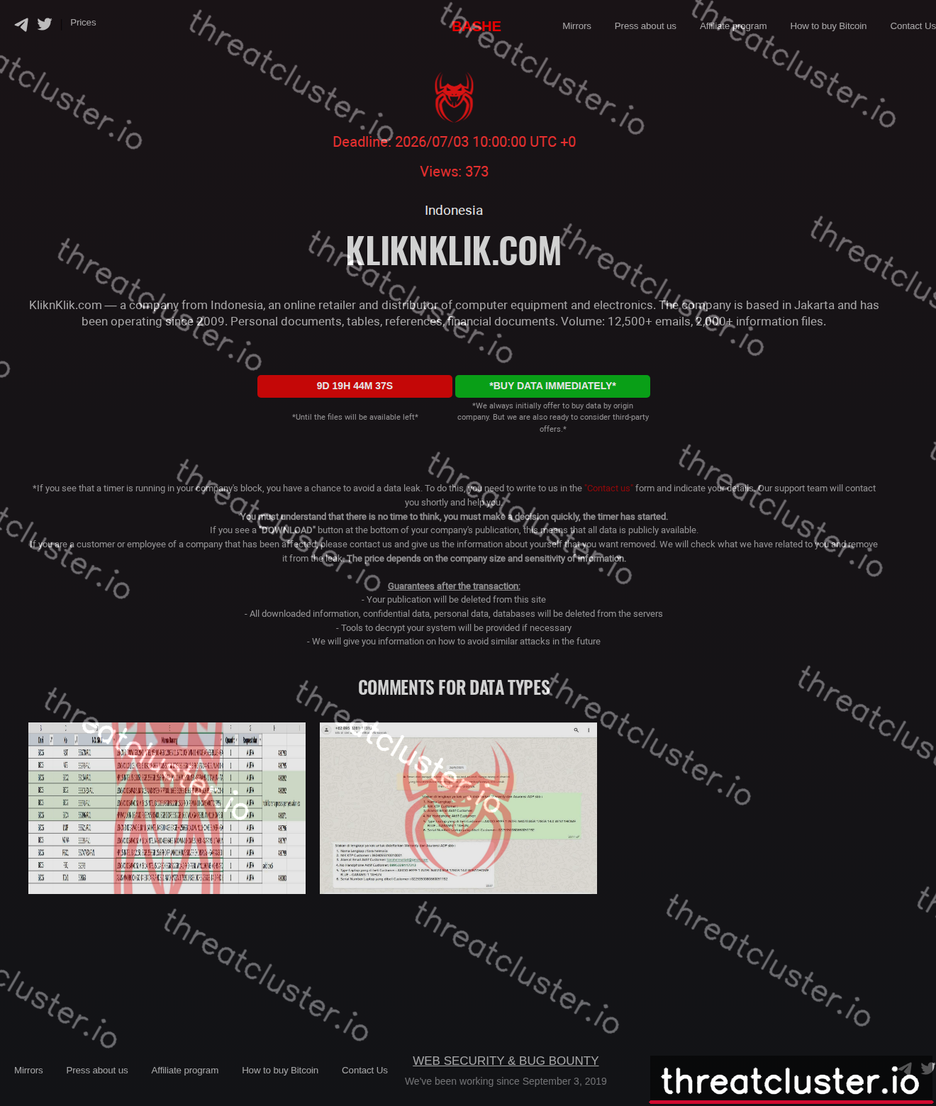 Leak-site post naming kliknklik.com, captured by ThreatCluster