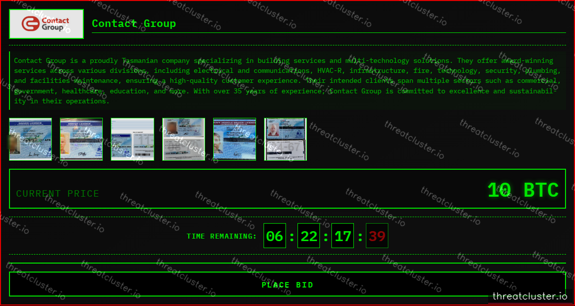 Leak-site post naming Contact Group, captured by ThreatCluster