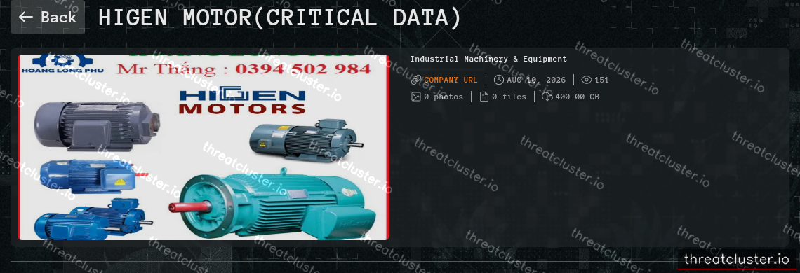 Leak-site post naming HIGEN MOTOR(critical data), captured by ThreatCluster