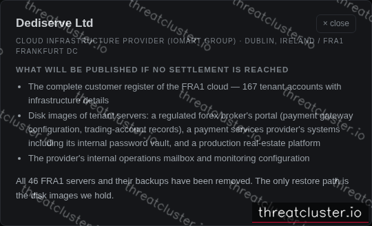 Leak-site post naming Dediserve Ltd, captured by ThreatCluster