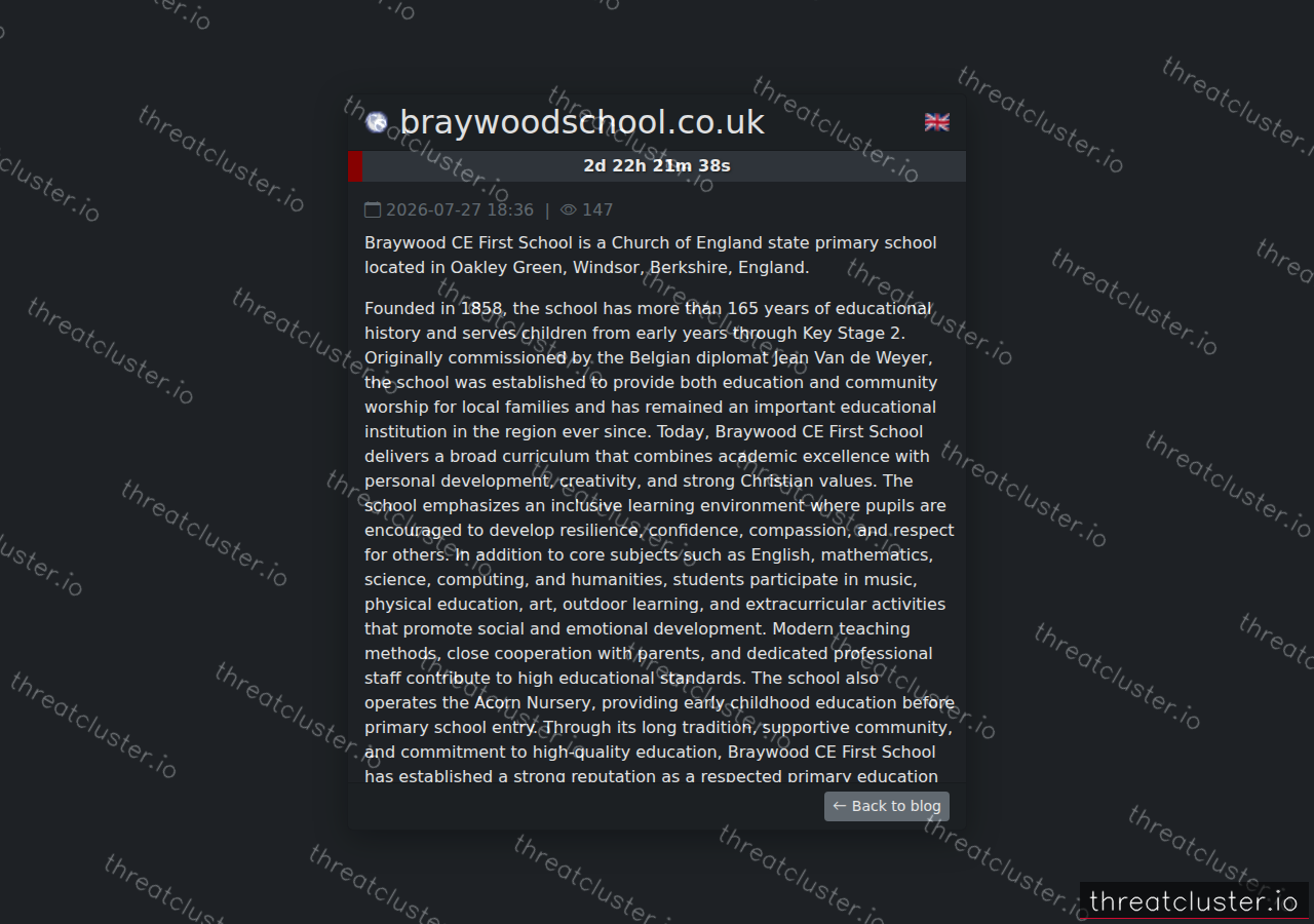 Leak-site post naming braywoodschool.co.uk, captured by ThreatCluster