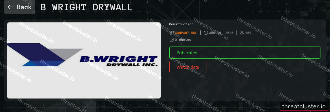 Leak-site post naming B Wright Drywall, captured by ThreatCluster