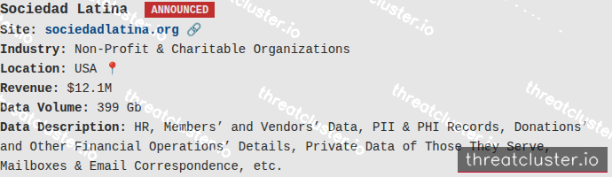 Leak-site post naming Sociedad Latina, captured by ThreatCluster