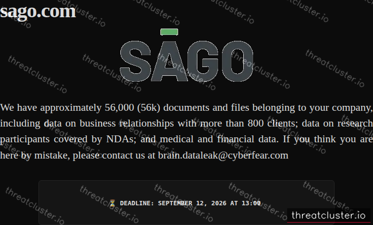 Leak-site post naming sago.com, captured by ThreatCluster